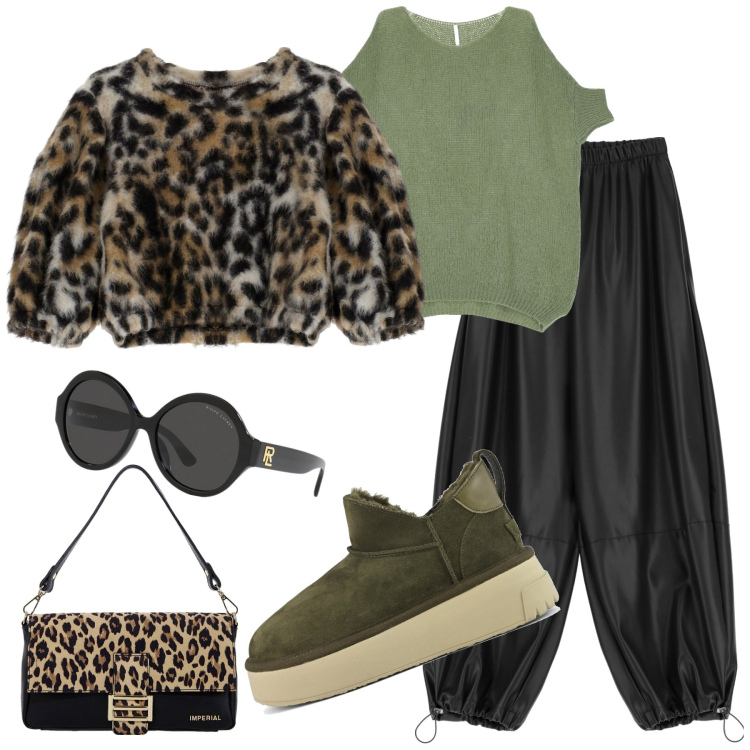 Outfit donna - Look imperial. Stile Casual per Ufficio. Abbinamento con pantaloni, maglieria, pullovers, borse a spalla, occhiali da sole, stivali.