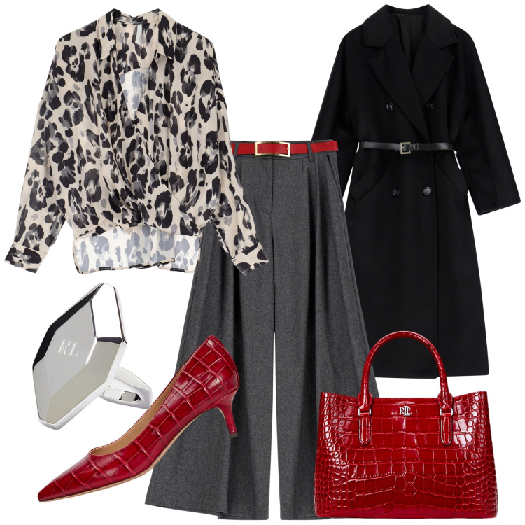 Outfit donna - Imperial woman. Stile Casual chic per Ufficio. Abbinamento con pantaloni, camicie, cappotti, borse a mano, décolleté, anelli.