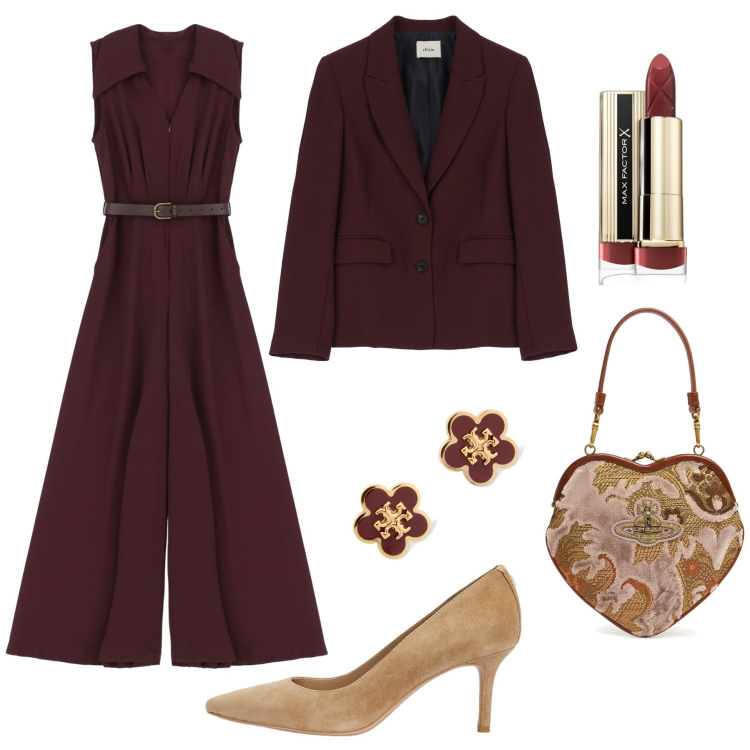Outfit donna - Cerimonia in jumpsuite per l’autunno. Stile Chic per Cerimonia. Abbinamento con rossetti, décolleté, tute, blazer, borse a mano, orecchini.