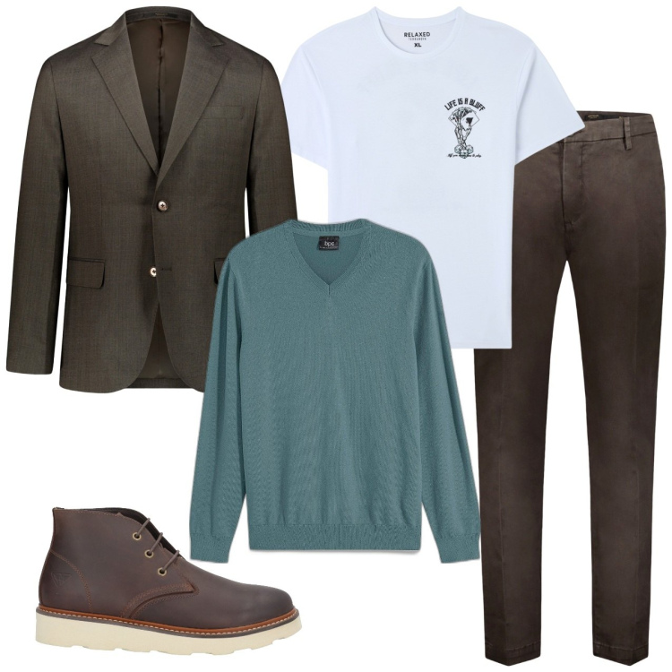 Outfit uomo - A strati. Stile Casual per Tutti i giorni. Abbinamento con maglieria, stivali e stivaletti, t-shirt, pantaloni, abiti.