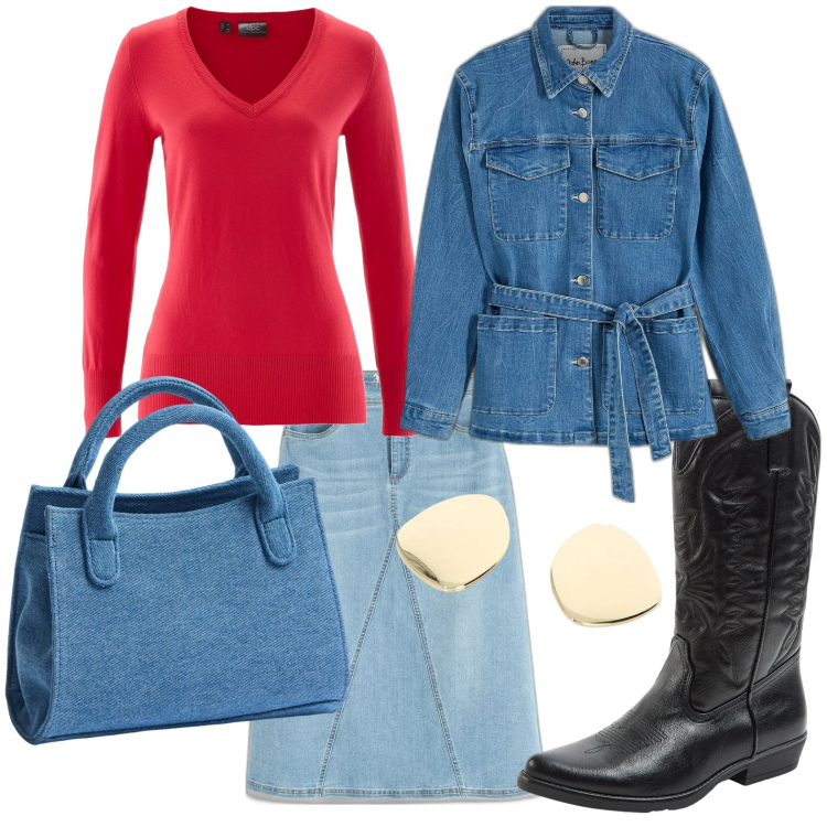 Outfit donna - L\'amico denim. Stile Casual per Ufficio. Abbinamento con gonne, maglieria, blazer, borse a tracolla, stivali, orecchini.