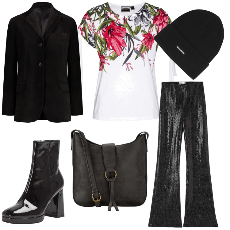 Outfit donna - Città. Stile Trendy per Tutti i giorni. Abbinamento con borse a tracolla, maglieria, leggings, stivaletti, berretti, blazer.