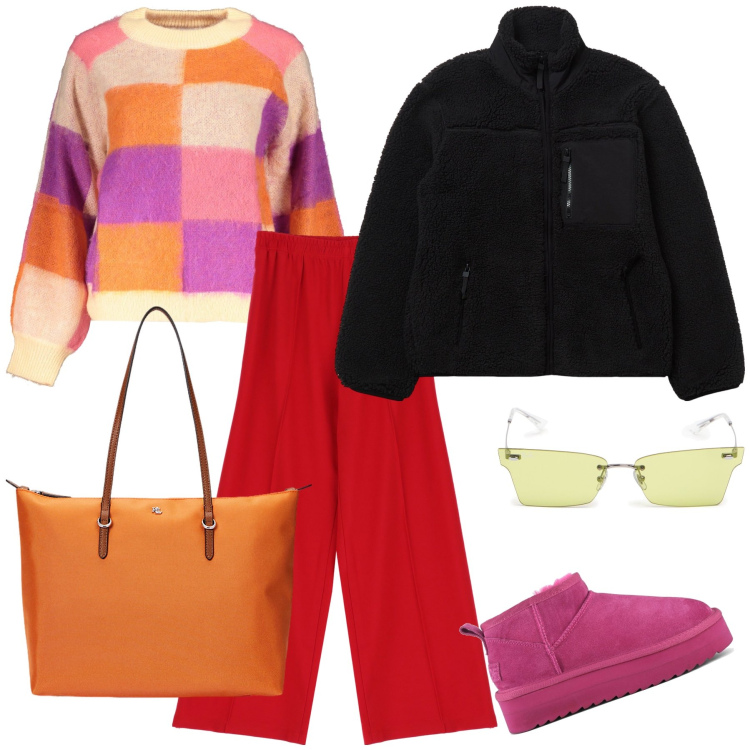 Outfit donna - Spesa colorata. Stile Trendy per Tutti i giorni. Abbinamento con felpe, pantaloni, borse tote, stivaletti, maglieria, occhiali da sole.
