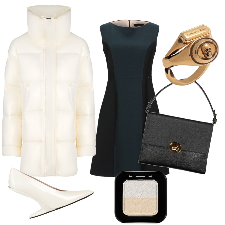 Outfit donna - Serata glamour ma con prezzi in saldo. Stile Glamour per Serata fuori. Abbinamento con vestito senza maniche, décolleté, anelli, ombretti, blazer, borse a spalla.