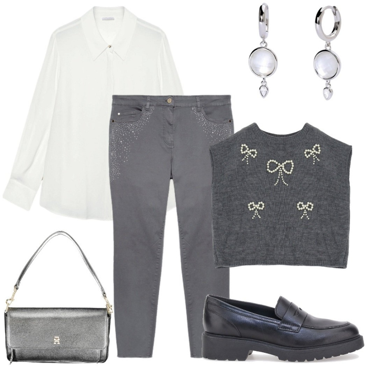 Outfit donna - Camicia e gilet. Stile Romantica per Tutti i giorni. Abbinamento con orecchini, maglieria, mocassini, jeans skinny, camicie, borse a spalla.