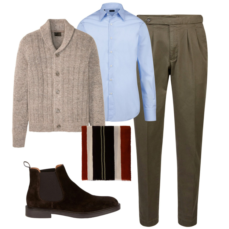 Outfit uomo - In ufficio. Stile Urban per Ufficio. Abbinamento con cardigans, sciarpe e foulard, pantaloni, stivali e stivaletti, camicie.