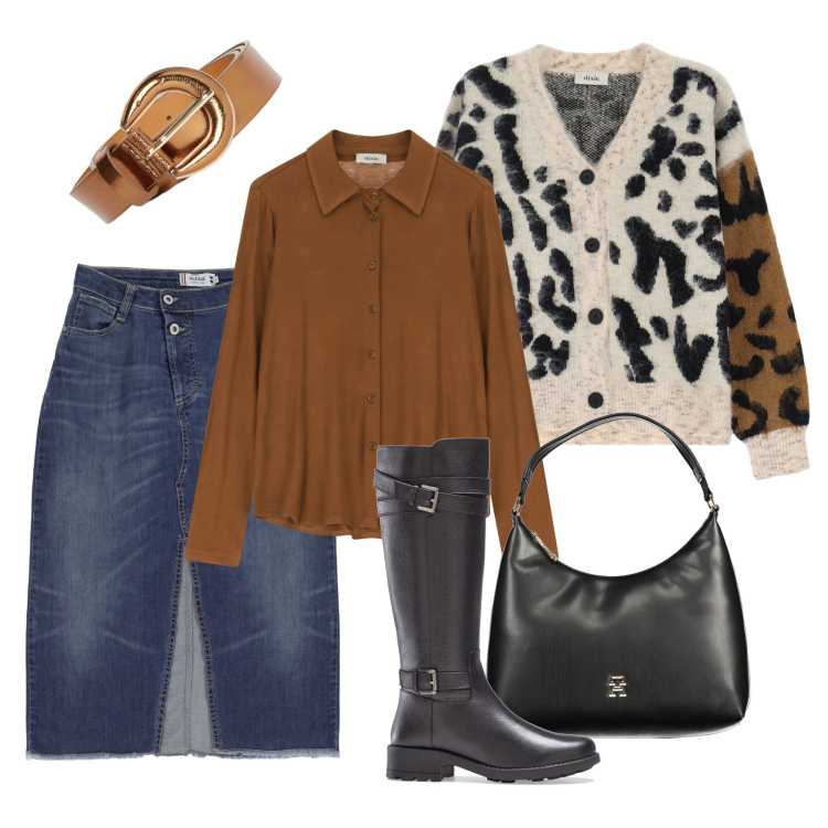 Outfit donna - Cardigan e camicia. Stile Casual chic per Tutti i giorni. Abbinamento con stivali, gonne, camicie, cardigans, borse a spalla, cinture.