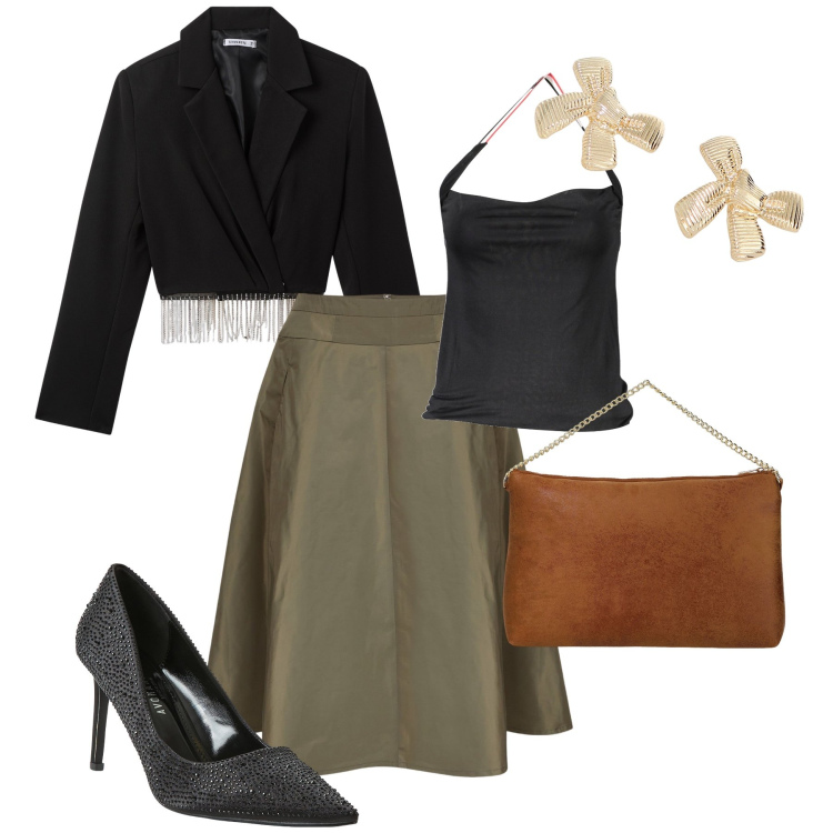 Outfit donna - Il blazer con le frange. Stile Bon Ton per Serata fuori. Abbinamento con décolleté, blazer, orecchini, pochette, gonne, top.