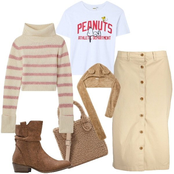 Outfit donna - Giornate autunnali. Stile Casual per Tutti i giorni. Abbinamento con stivaletti texani, berretti, shopping bag, t-shirt, maglieria, gonne longuette.