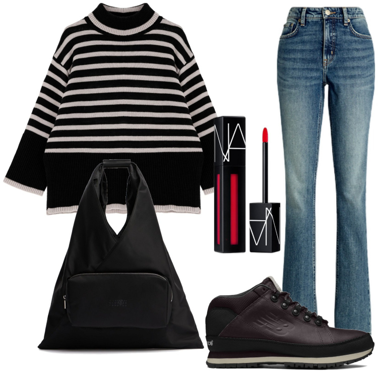Outfit donna - Total look #1986701. Stile Urban per Tutti i giorni. Abbinamento con rossetti, sneakers, maglieria, jeans bootcut, shopping bag.