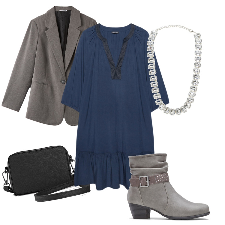 Outfit donna - L’abito blu col fiocco. Stile Casual chic per Serata fuori. Abbinamento con stivaletti, borse a tracolla, blazer, collane, vestiti.