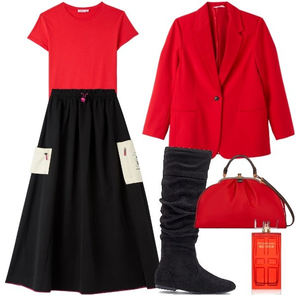 Outfit donna - Gonna svasata e stilvale basso. Stile Urban per Ufficio. Abbinamento con stivali, profumi, gonne lunghe, blazer, t-shirt, borse a spalla.
