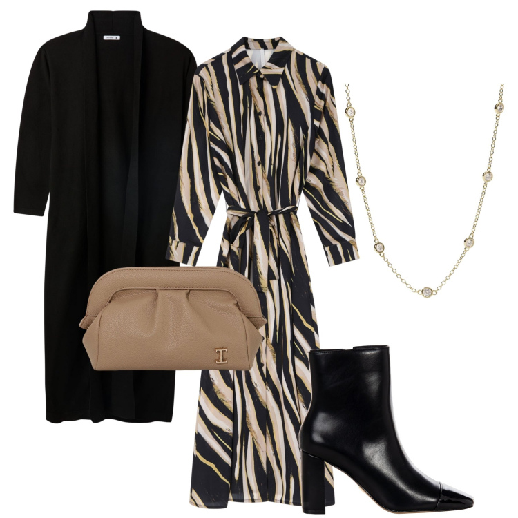 Outfit donna - L’abito a chemisier. Stile Trendy per Serata fuori. Abbinamento con cardigans, collane, stivaletti, borse a mano, vestiti lunghi.