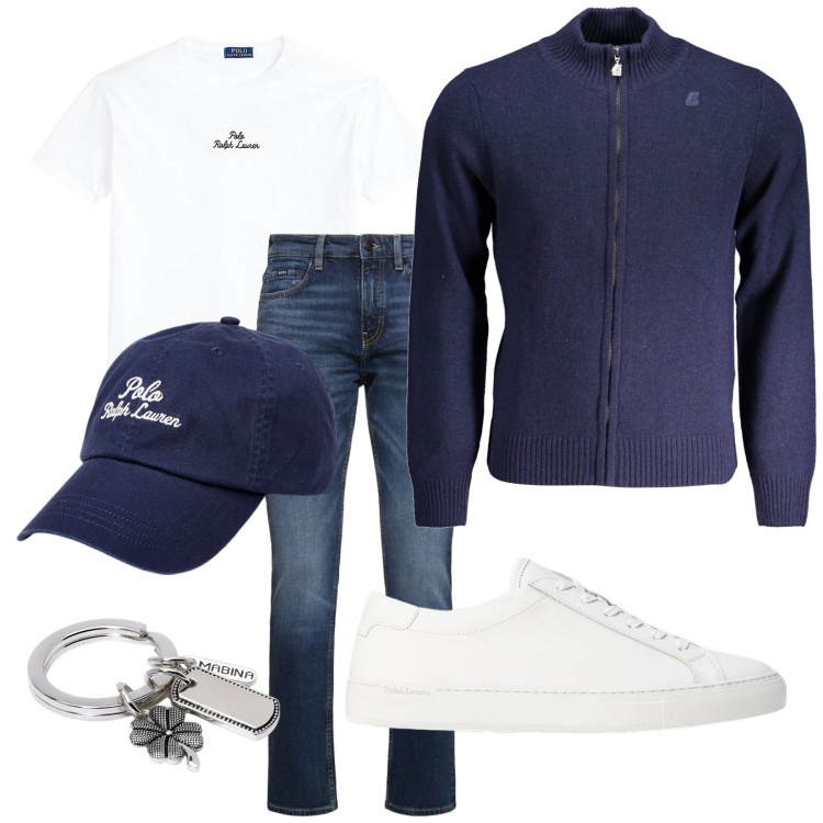 Outfit uomo - Total look #1986712. Stile Urban per Tutti i giorni. Abbinamento con portachiavi, t-shirt, sneakers, cappelli, jeans, cardigans.