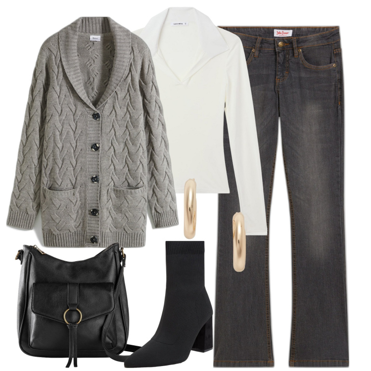 Outfit donna - City. Stile Urban per Tutti i giorni. Abbinamento con jeans bootcut, cardigans, borse a tracolla, polo, stivaletti, orecchini.