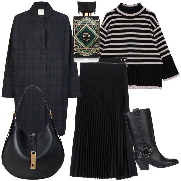 Outfit donna - City. Stile Urban per Tutti i giorni. Abbinamento con stivali, profumi, maglieria, gonne, borse a spalla, trench.