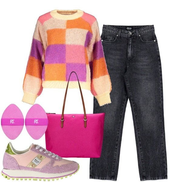 Outfit donna - A scuola. Stile Casual per Scuola/Università. Abbinamento con fondotinta, borse tote, jeans, maglieria, sneakers.