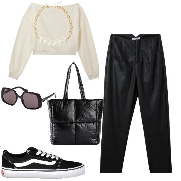 Outfit donna - Ecopelle e felpa. Stile Urban per Tutti i giorni. Abbinamento con shopping bag, pantaloni chino, felpe, collane, sneakers, occhiali da sole.