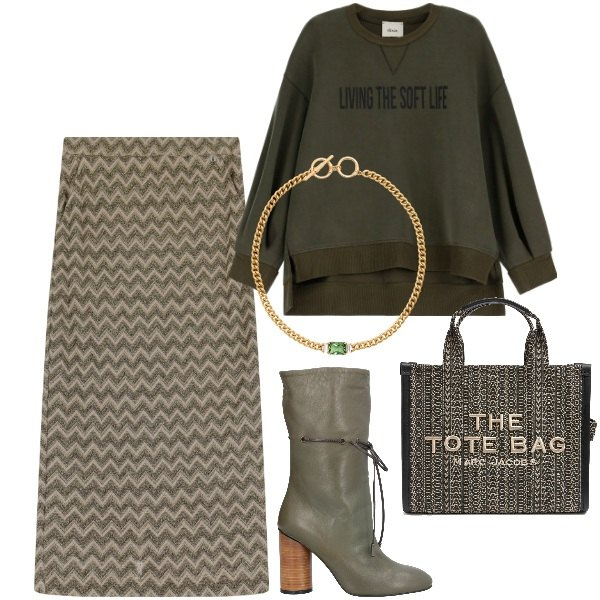 Outfit donna - Felpa e gonna in verde oliva. Stile Urban per Tutti i giorni. Abbinamento con stivaletti, collane, gonne lunghe, felpe, shopping bag.