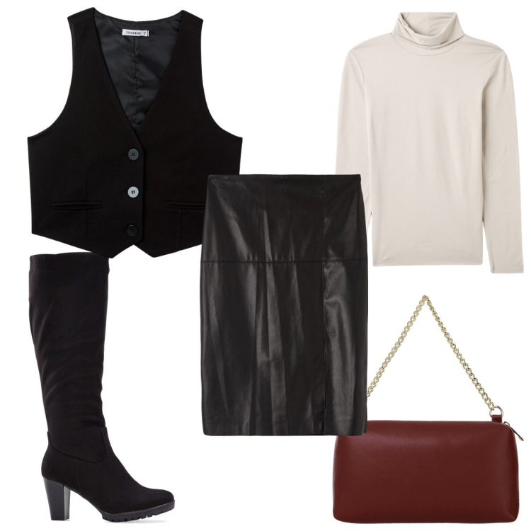 Outfit donna - Total look #1986733. Stile Trendy per Tutti i giorni. Abbinamento con stivali, gonne longuette, maglieria, gilet, borse a tracolla.