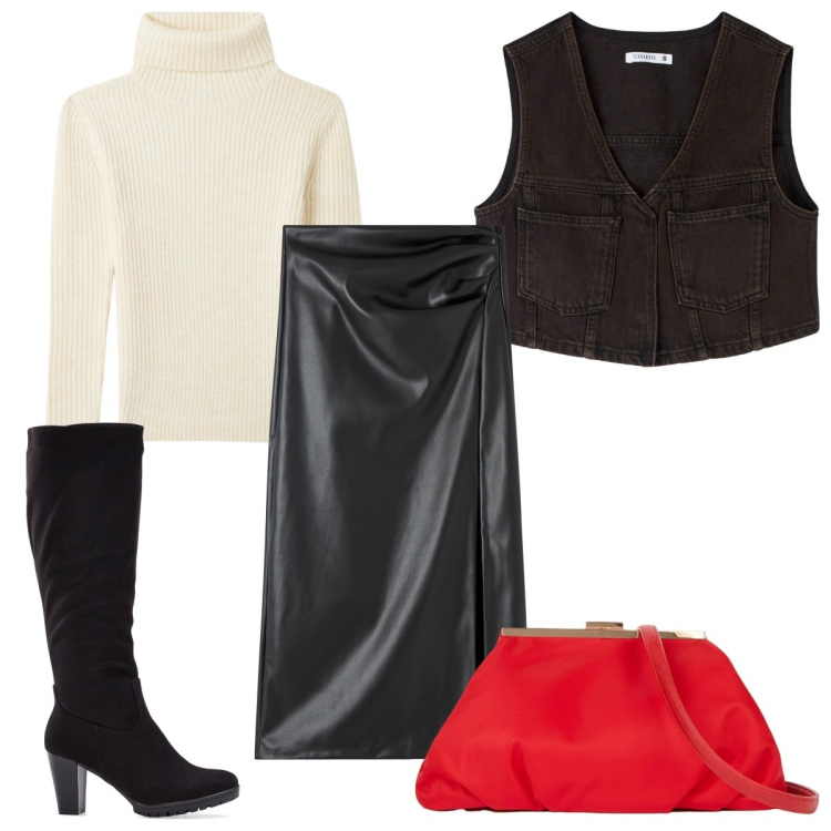 Outfit donna - Total look #1986737. Stile Trendy per Tutti i giorni. Abbinamento con stivali, gilet, gonne longuette, maglieria, pochette.
