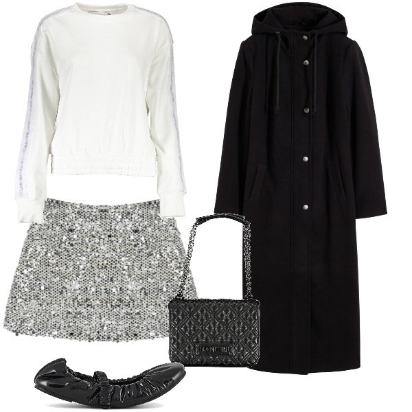 Outfit donna - Felpa bianca la sera. Stile Urban per Serata fuori. Abbinamento con cappotti, minigonne, ballerine, felpe, borse a tracolla.