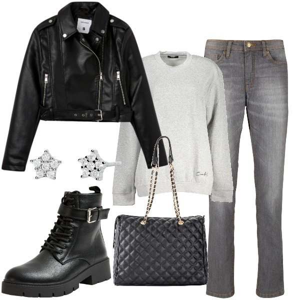Outfit donna - Felpa + jeans e chiodo di pelle. Stile Urban per Tutti i giorni. Abbinamento con jeans mom, shopping bag, anfibi, giacche, orecchini, felpe.