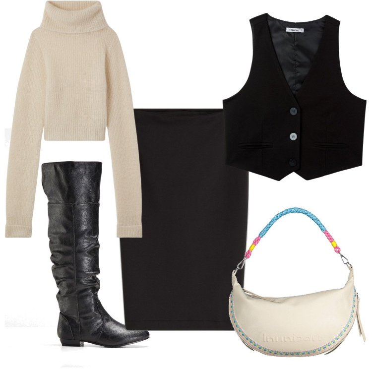 Outfit donna - Total look #1986757. Stile Trendy per Tutti i giorni. Abbinamento con gonne longuette, stivali sopra il ginocchio, gilet, maglieria, borse a spalla.