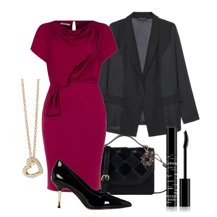 Outfit donna - L abito elegante per la cerimonia. Stile Glamour per Cerimonia. Abbinamento con mascara, vestiti a tubino, borse a tracolla, décolleté, collane, blazer.