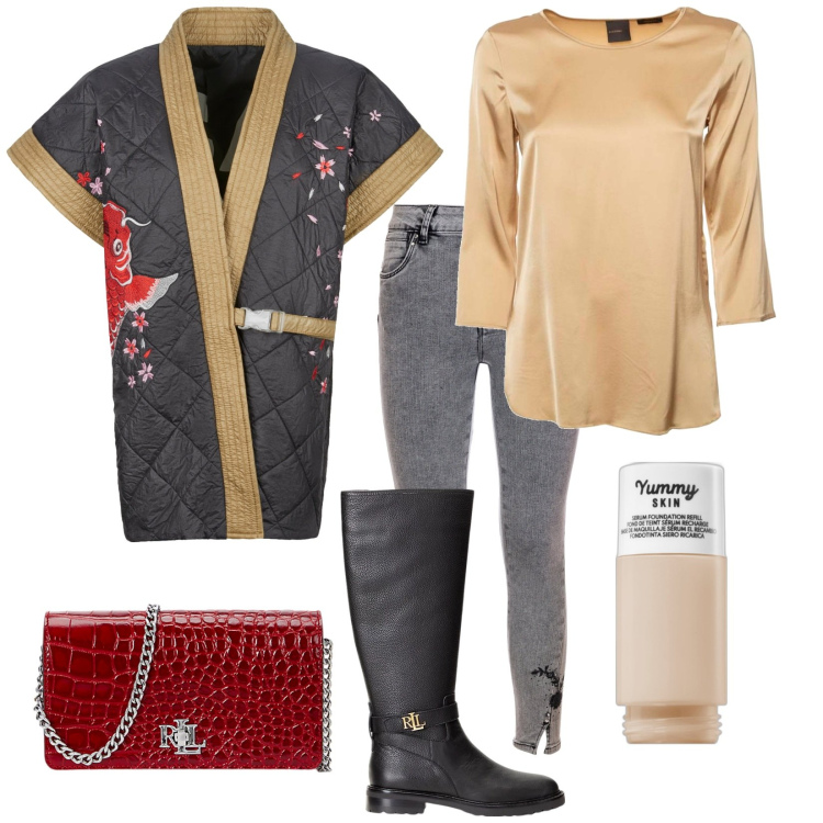 Outfit donna - Autunno in Kimono. Stile Trendy per Tutti i giorni. Abbinamento con fondotinta, jeans, kimono, stivali, borse a mano, bluse.