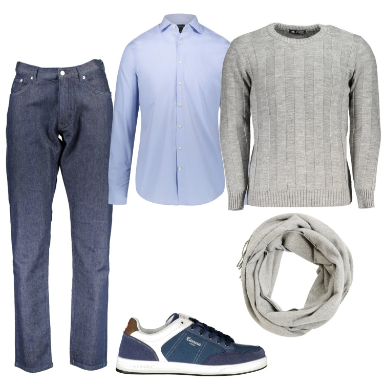 Outfit uomo - Casual In ufficio. Stile Casual per Ufficio. Abbinamento con sciarpe, camicie, jeans, maglieria, sneakers.