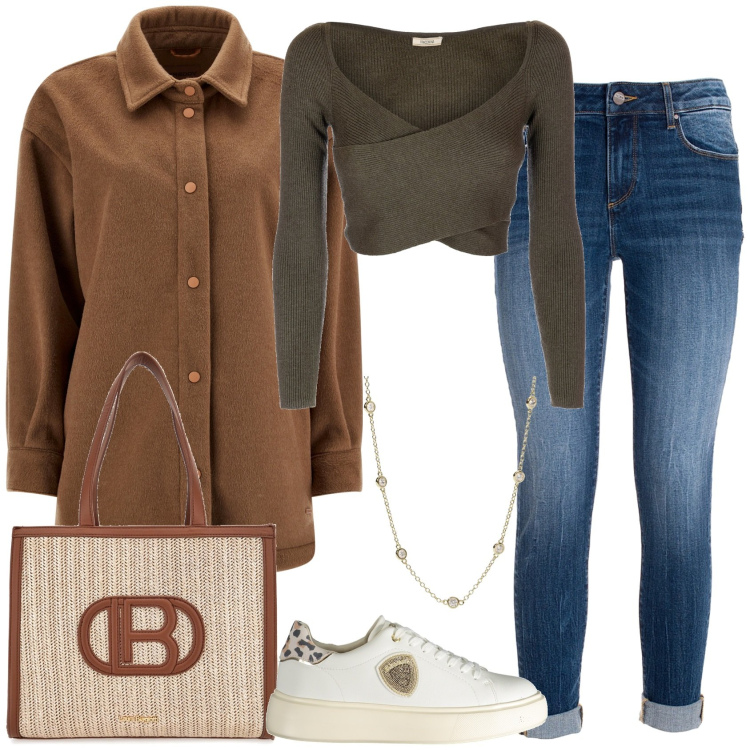 Outfit donna - Colori autunnali. Stile Casual per Tutti i giorni. Abbinamento con collane, maglieria, jeans, cappotti, sneakers, borse a spalla.
