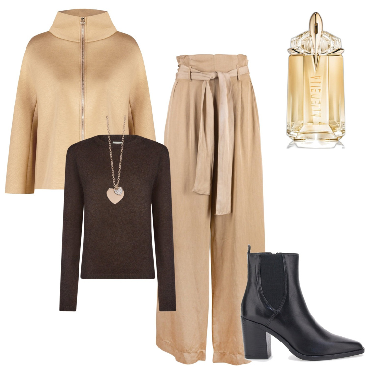 Outfit donna - Arriva l\'autunno!!!. Stile Casual chic per Tutti i giorni. Abbinamento con profumi, ciondoli, cappe, pantaloni a palazzo, stivaletti, maglieria.