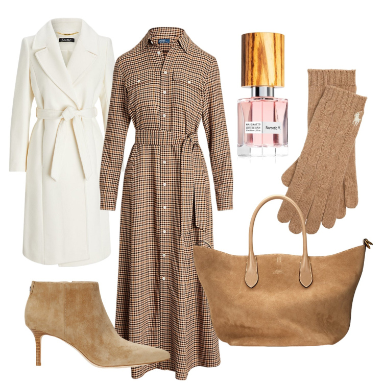 Outfit donna - Toni neutri e quadretti. Stile Casual chic per Serata fuori. Abbinamento con profumi, guanti, vestiti, borse tote, stivaletti, cappotti.