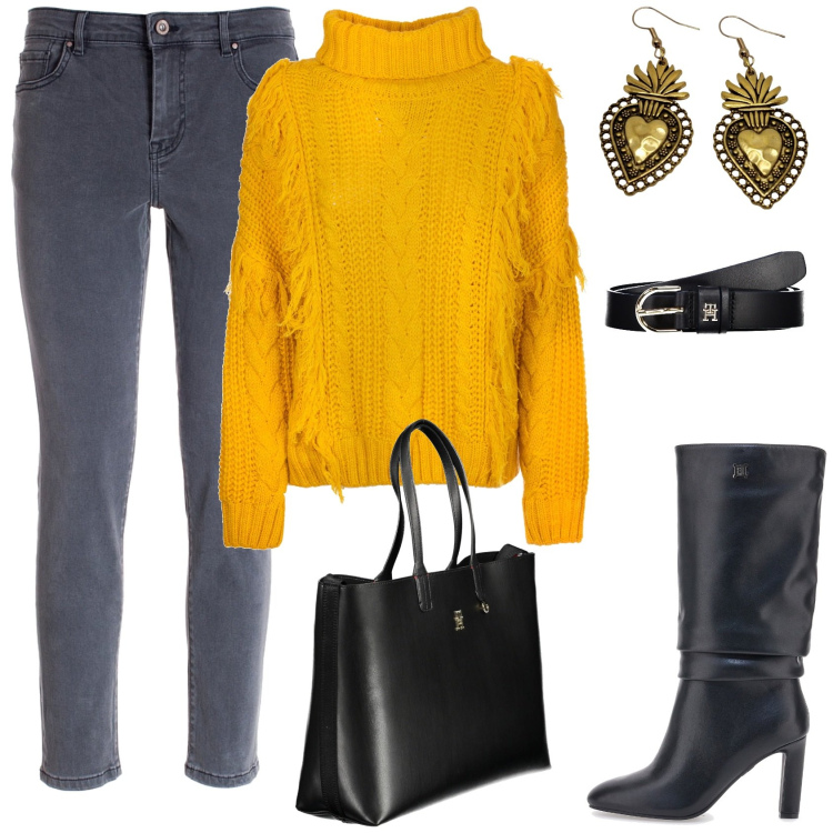 Outfit donna - Maglioncino chunky. Stile Casual chic per Tutti i giorni. Abbinamento con maglieria, jeans skinny, stivali, borse a spalla, cinture, orecchini.