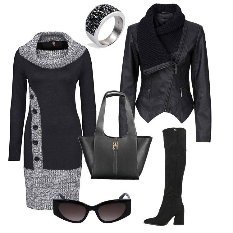 Outfit donna - Total black con l’abito mélange. Stile Urban per Tutti i giorni. Abbinamento con vestiti, blazer, anelli, stivali, borse a spalla, occhiali da sole.