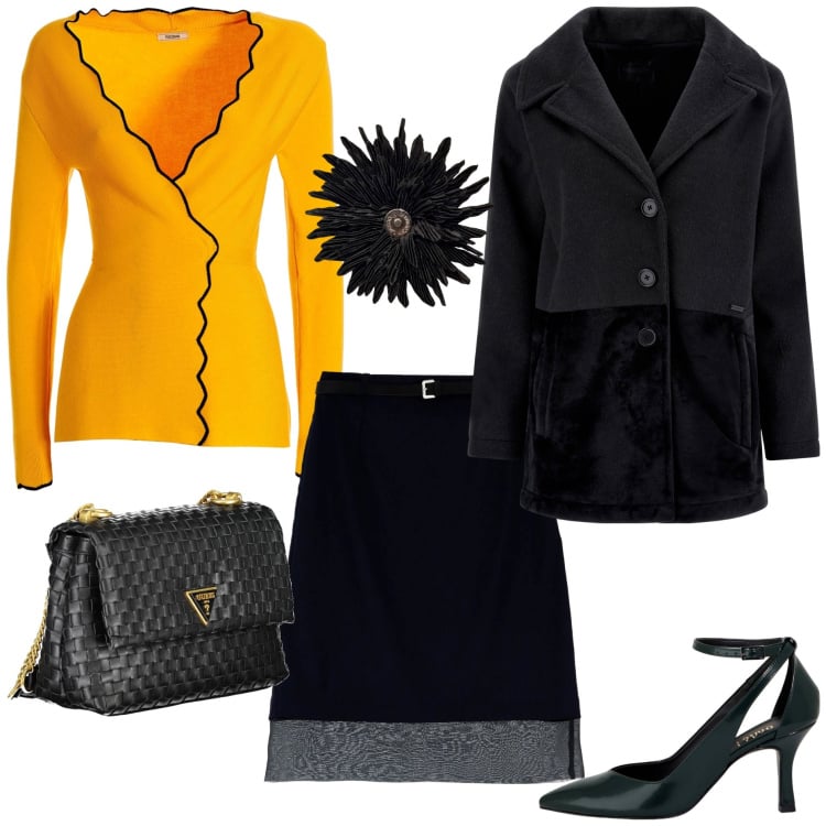 Outfit donna - I colori dell\'autunno. Stile Chic per Tutti i giorni. Abbinamento con cardigans, cappotti, gonne longuette, décolleté, borse a tracolla, anelli.