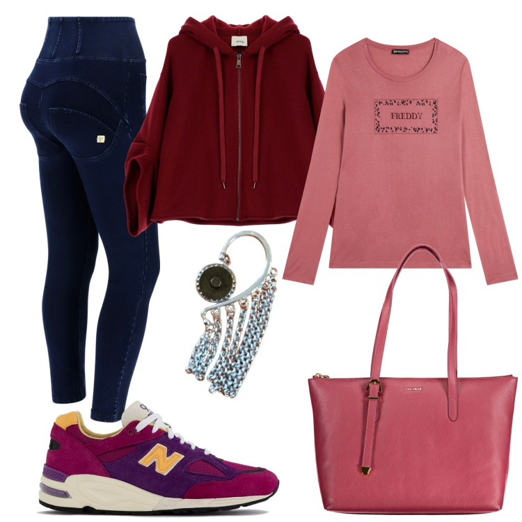 Outfit donna - Stile athleisure. Stile Sporty chic per Tutti i giorni. Abbinamento con sneakers, t-shirt, jeggings, felpe con cappuccio, borse a spalla, orecchini.