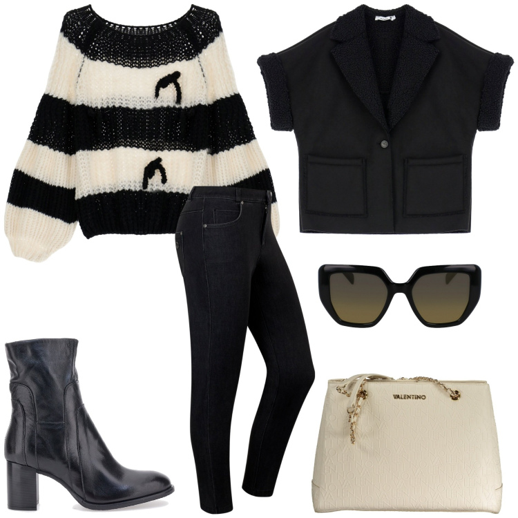 Outfit donna - Maglieria chunky. Stile Trendy per Tutti i giorni. Abbinamento con maglieria, blazer, jeans skinny, stivaletti, borse a spalla, occhiali da sole.