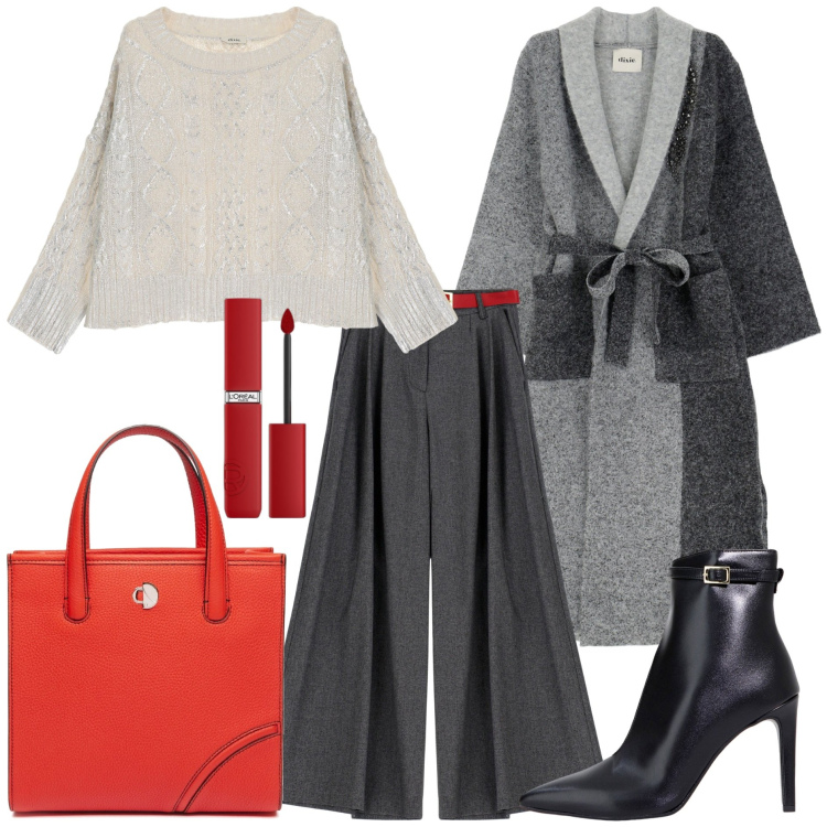 Outfit donna - Maglieria chunky scintillante. Stile Trendy per Tutti i giorni. Abbinamento con rossetti, stivaletti, pantaloni, maglieria, cappotti, shopping bag.