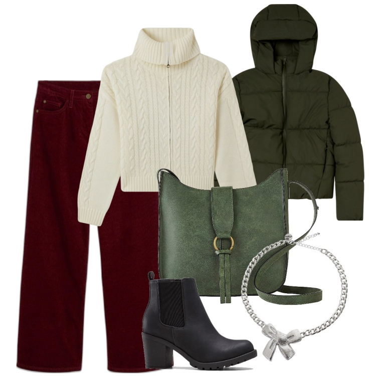Outfit donna - Pantaloni in velluto bordeaux. Stile Basic per Tutti i giorni. Abbinamento con stivaletti, pantaloni, borse a tracolla, blazer, cardigans, collane.