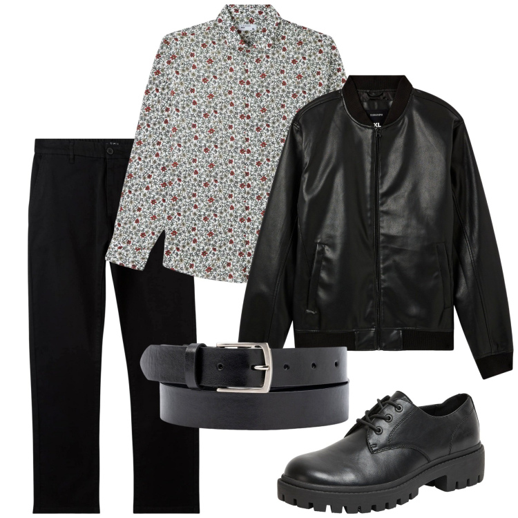 Outfit uomo - Impronta dark. Stile Urban per Serata speciale. Abbinamento con camicie, bomber, pantaloni chino, scarpe stringate, cinture.
