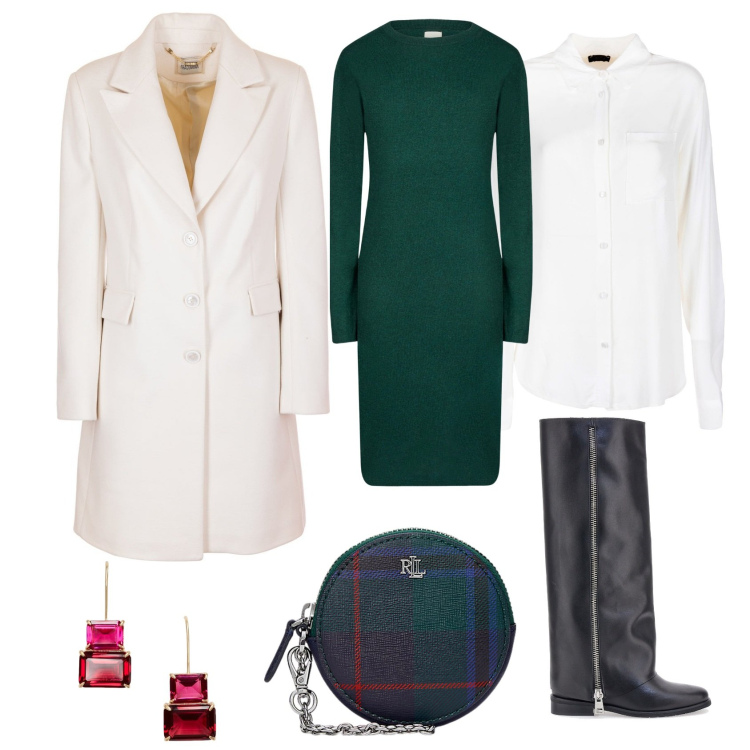 Outfit donna - Dall\'ufficio al tempo libero. Stile Glamour per Tutti i giorni. Abbinamento con cappotti, camicie, pochette, orecchini, vestiti midi/longuette, stivali.
