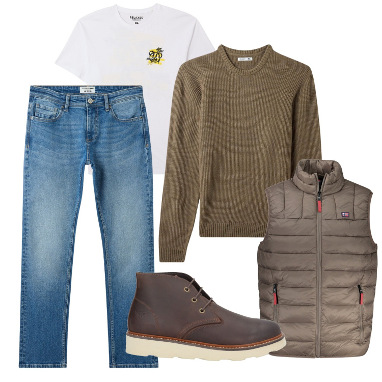 Outfit uomo - Casual con equilibrio. Stile Casual per Tutti i giorni. Abbinamento con stivali e stivaletti, jeans, t-shirt, maglieria, giacche.