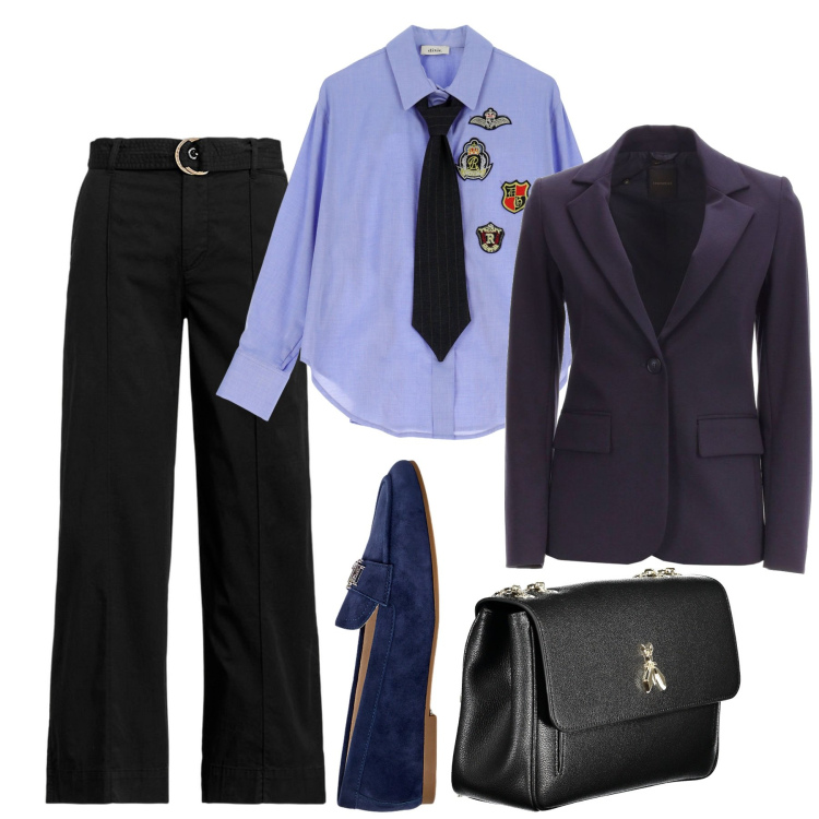 Outfit donna - Preppy day. Stile Preppy per Ufficio. Abbinamento con camicie, mocassini, pantaloni, blazer, borse a spalla.