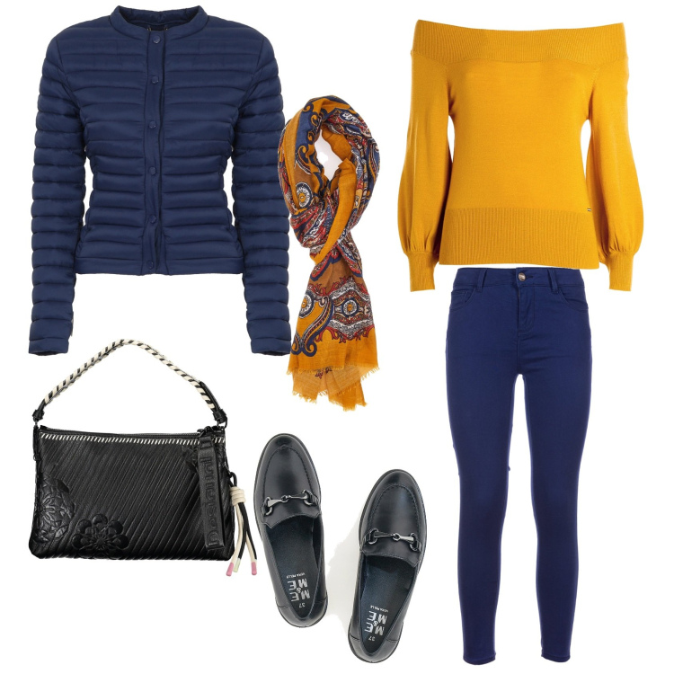 Outfit donna - Il maglione ocra. Stile Casual per Tutti i giorni. Abbinamento con maglieria, piumini, jeans skinny, mocassini, borse a spalla, sciarpe.