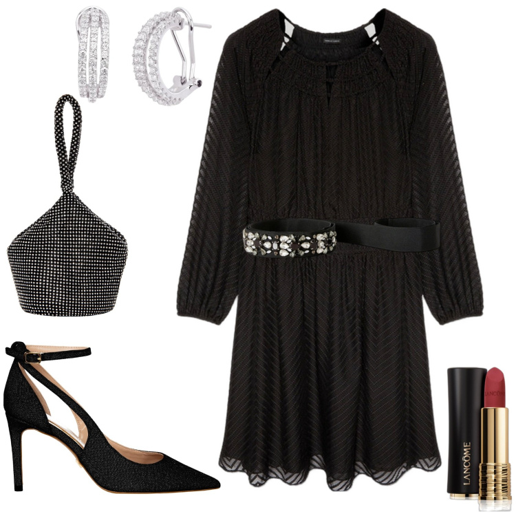 Outfit donna - Glam ad ottobre. Stile Glamour per Serata fuori. Abbinamento con rossetti, orecchini, décolleté, pochette, vestiti, cinture.