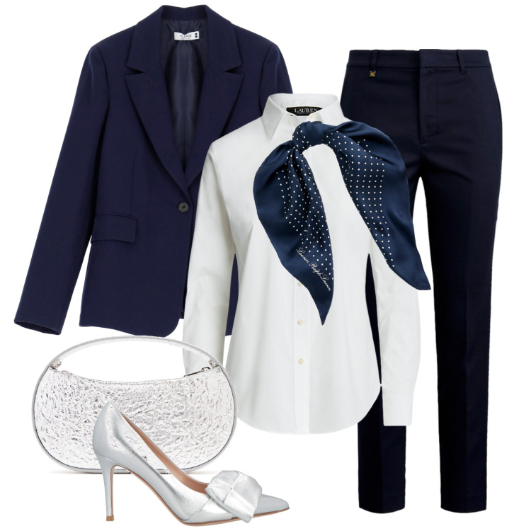 Outfit donna - Total look #1986902. Stile Chic per Cerimonia. Abbinamento con décolleté, blazer, camicie, pantaloni, foulard, borse a mano.