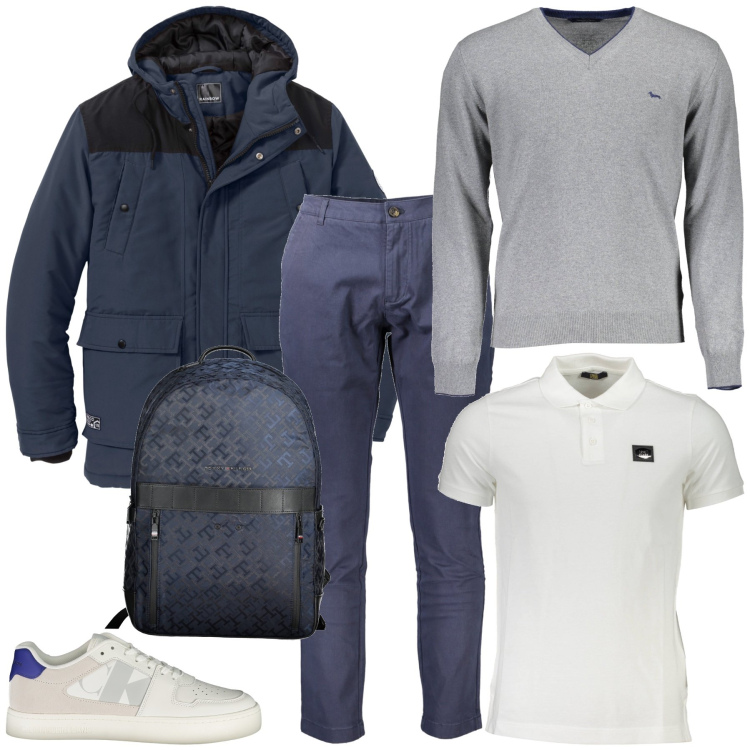 Outfit uomo - Casual in ufficio. Stile Casual per Ufficio. Abbinamento con maglieria, borse sportive, piumini, sneakers, pantaloni, polo.