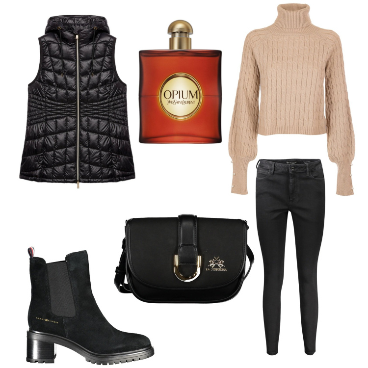 Outfit donna - Pratica. Stile Casual per Scuola/Università. Abbinamento con profumi, maglieria, piumini, jeans skinny, stivaletti, borse a tracolla.